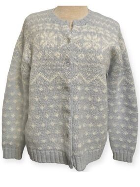 Vintage 90’s Knit Sweater Cardigan Blue White Button Holiday Fair Isle Norwegian